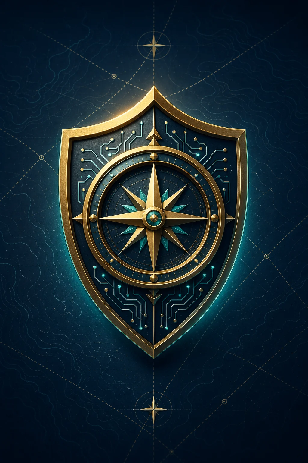 A compass and cybersecurity shield on a digital navigation chart